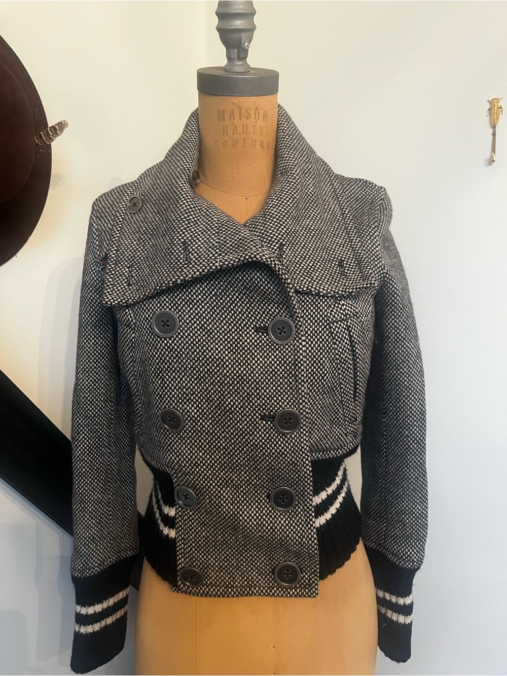 Womens Black & White Double-Breasted wool and Knit-Trim Jacket